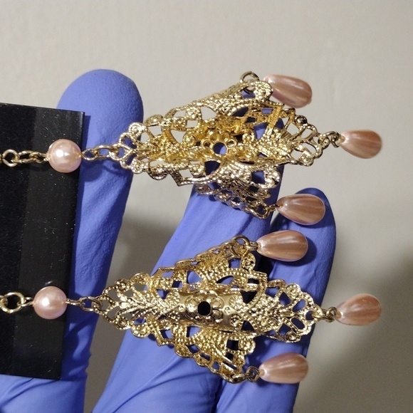 Women's Gold-tone Filigree Design 3.5" Long Beaded Drop Dangle Earrings, #6 - Picture 3 of 5